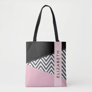 Bolsa Tote Cinza Zigzag, Cinza Chevron, Rosa, Seu Nome