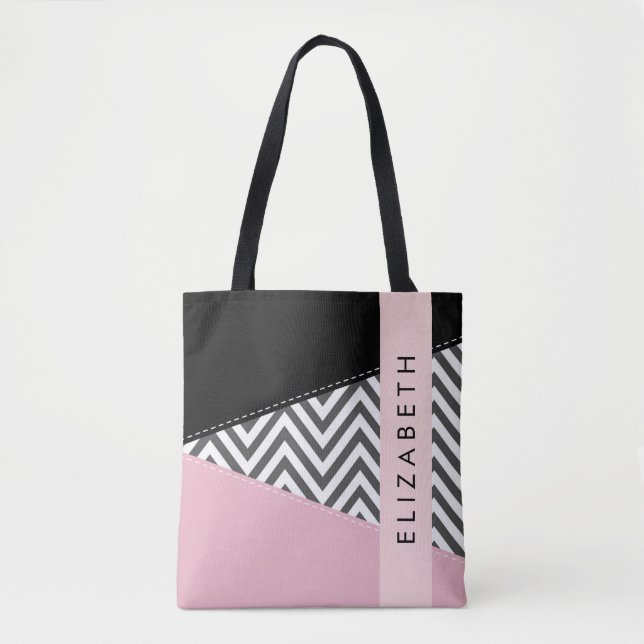 Bolsa Tote Cinza Zigzag, Cinza Chevron, Rosa, Seu Nome (Frente)