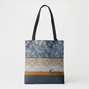 Bolsa Tote Cinzas azuis e texto alaranjado do costume do