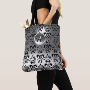 BOLSA TOTE CINZAS CLÁSSICAS BLACK BRANCO DAMASK GEMSTONE MONO