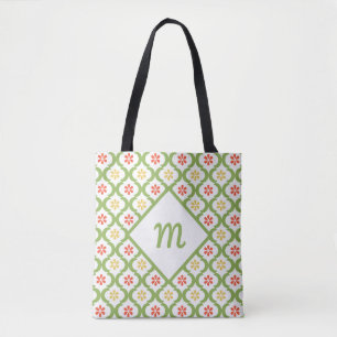 Bolsa Tote Cinzas e Monograma de Quatrefoil Verde Girly