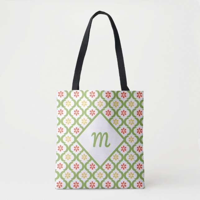 Bolsa Tote Cinzas e Monograma de Quatrefoil Verde Girly (Frente)