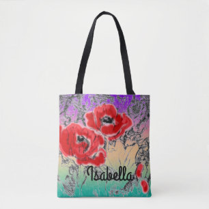 Bolsa Tote Cinzas esculpidas flores vermelhas pretas papoilas