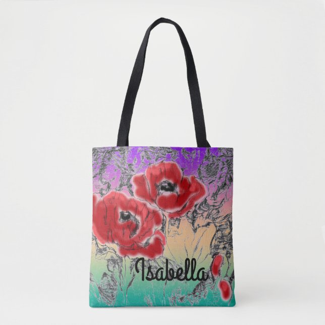 Bolsa Tote Cinzas esculpidas flores vermelhas pretas papoilas (Frente)
