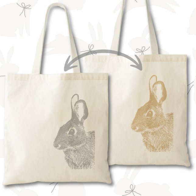 Bolsa Tote Cinzas Mínimas Simples Duplas e Coelho Marrom (Double-sided Easter bunny rabbit tote bag with custom text is simple, minimal and modern )