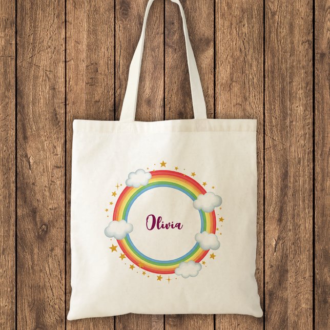 Bolsa Tote Círculo de Meninas Moldura de Nome Arco-íris (Criador carregado)