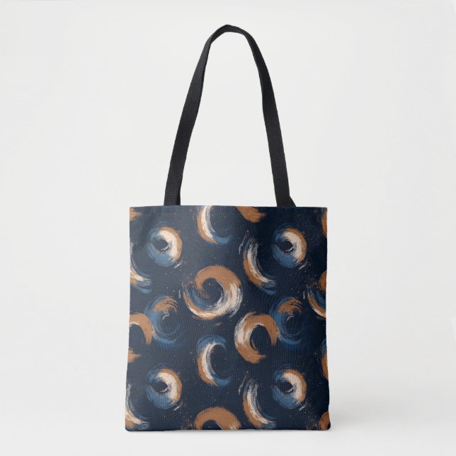 Bolsa Tote Círculo giratório azul e castanho em fundo escuro (Frente)