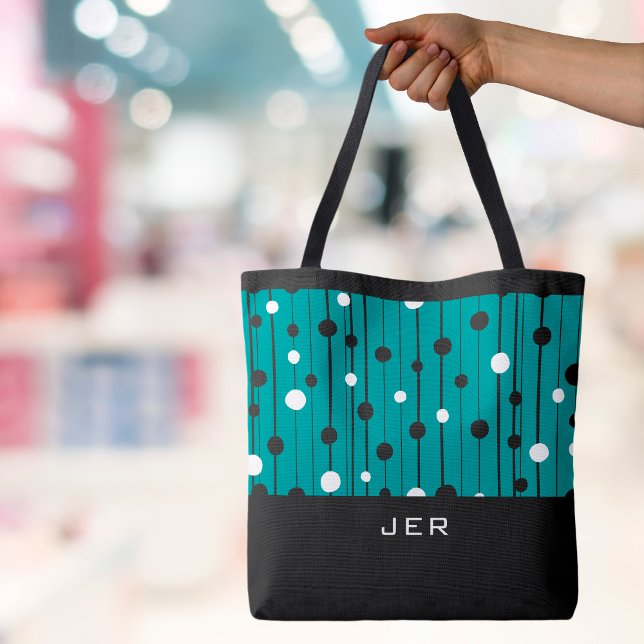 Bolsa Tote Círculos de Monograma Listras Preto Branco Azul Tu (Monogrammed Initials or Name Abstract Circles Lines Teal Green Black White Canvas Shopping Tote Bag)
