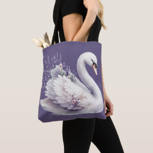 Bolsa Tote Cisne em Aquarela com Florais Lavanda