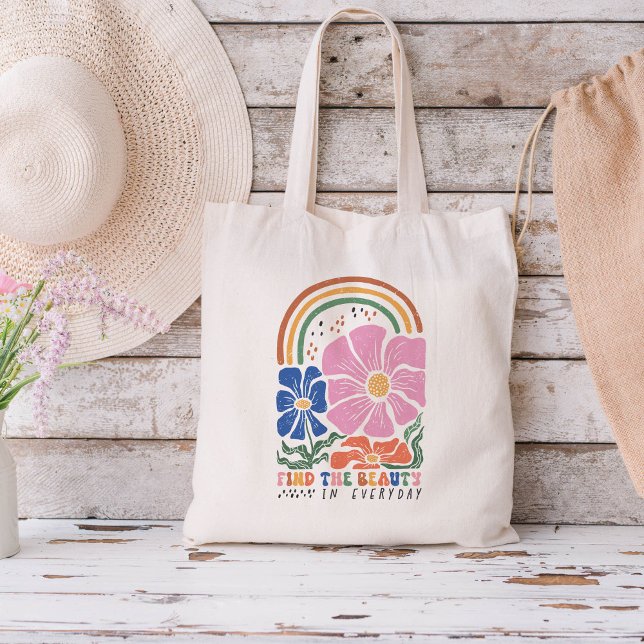 Bolsa Tote Citação de Inspiração Floral Arco-Íris Boho Retrô (Criador carregado)