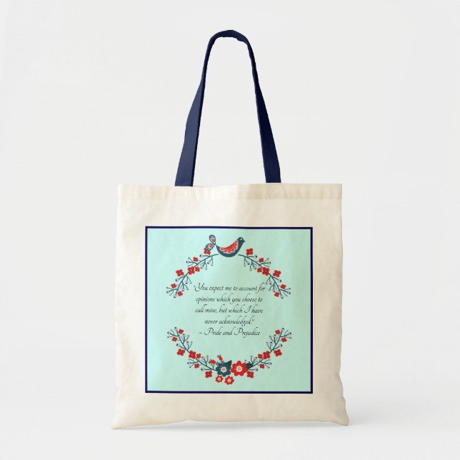 Bolsa Tote Citação de Jane Austen, Orgulho e Preconceito Flor (Frente)