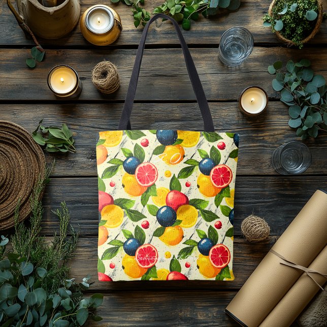 Bolsa Tote Citros vibrantes e berry e iniciais personalizadas (Criador carregado)