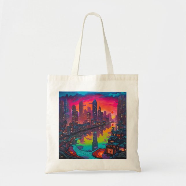 Bolsa Tote Cityscape Psicodélico Mais Escuro (Frente)