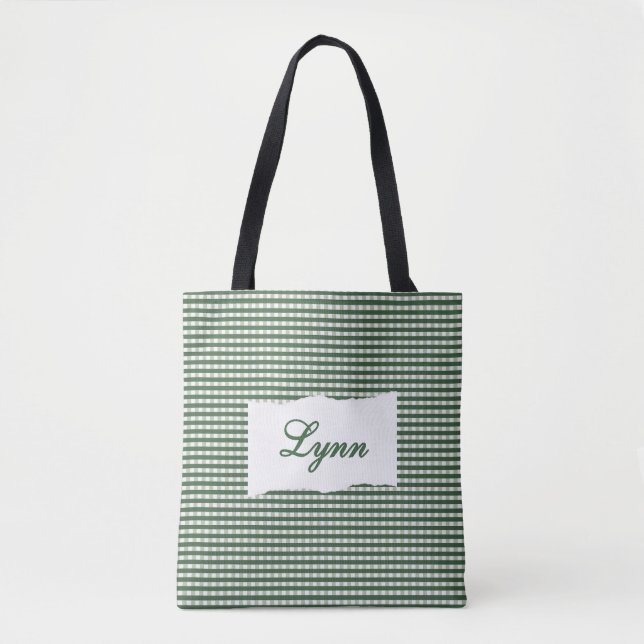 Bolsa Tote Classic Green & White Gingham | Personalized Name (Frente)