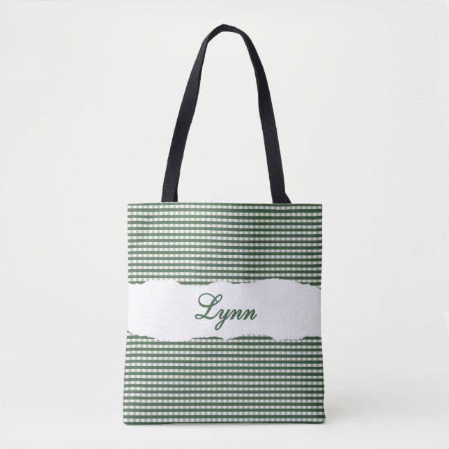 Bolsa Tote Classic Green & White Gingham | Personalized Name (Frente)