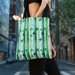 Bolsa Tote Classic Green White Vertical Stripes Shamrocks