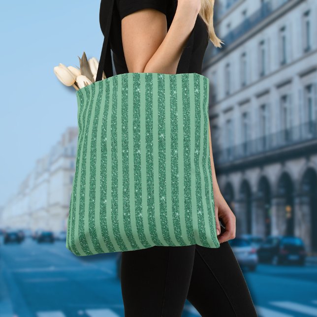 Bolsa Tote Classic Jade Green Glitter Style Vertical Stripes (Criador carregado)