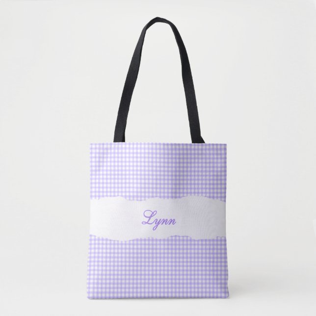 Bolsa Tote Classic Purple & White Gingham | Personalized Name (Frente)