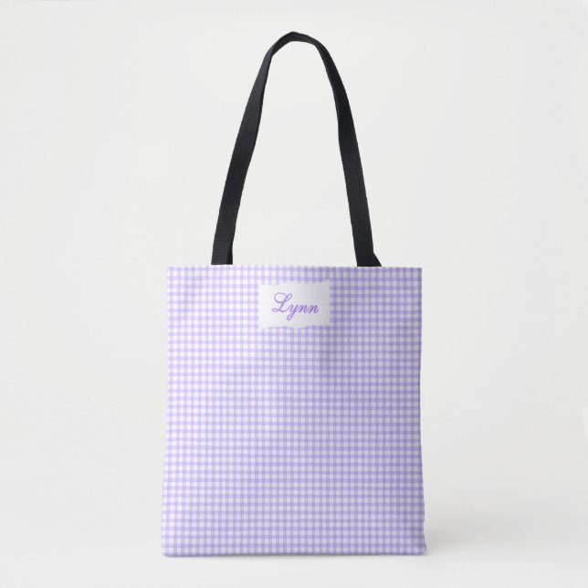 Bolsa Tote Classic Purple & White Gingham | Personalized Name (Frente)