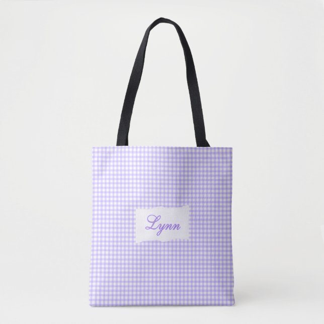 Bolsa Tote Classic Purple & White Gingham | Personalized Name (Frente)