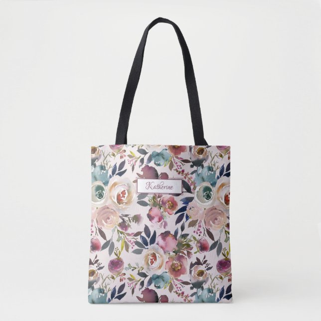 Bolsa Tote Clássico Denominado Azul Verde-Rosa Esbranquiçado (Frente)
