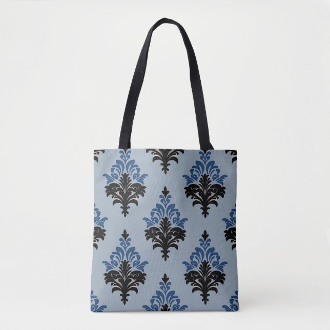 Bolsa Tote Clássico estilo Damasco azul e preto  (Frente)