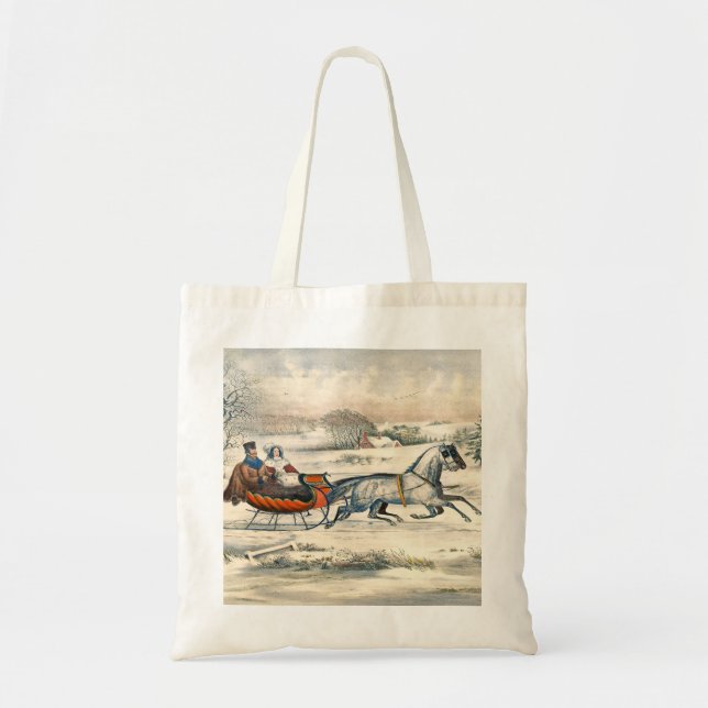 Bolsa Tote Clássico Passeio de Trenó de 1853 Currier Ives Est (Frente)