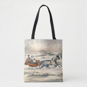 Bolsa Tote Clássico Passeio de Trenó de 1853 Currier Ives Est