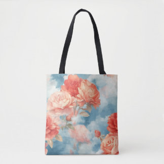 Bolsa Tote Clássicos - Rosa Angélica e Rosas vermelhas em nuv