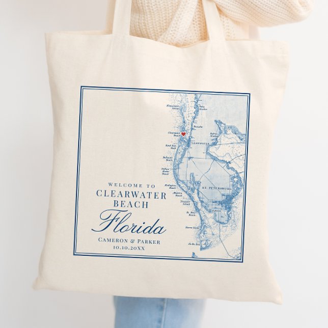Bolsa Tote Clearwater Beach FL Blue Casamento Bem-vindo Tote  (Clearwater Beach FL Custom Wedding Tote Bag Welcome Bag in Elegant Navy Blue by Coastal Map Designs)