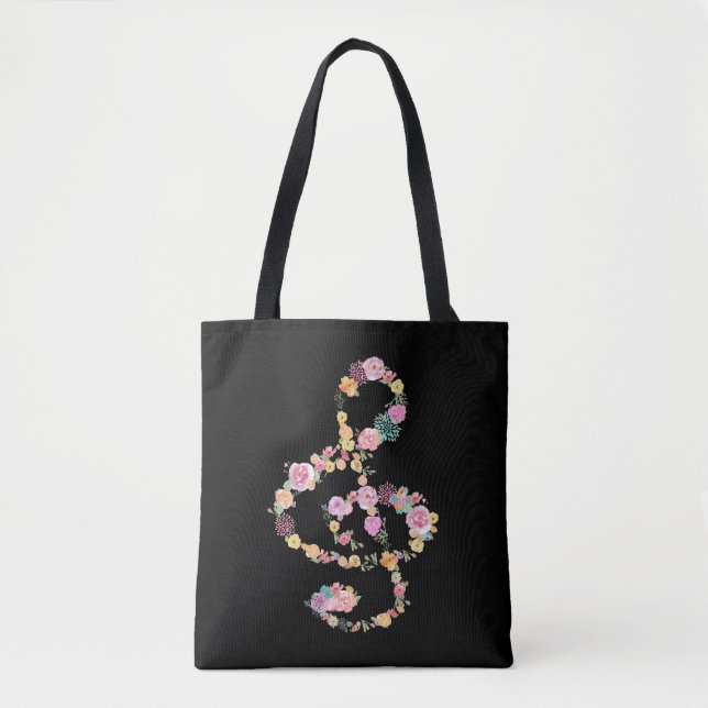 Bolsa Tote clef romântico de música floral em preto (Frente)