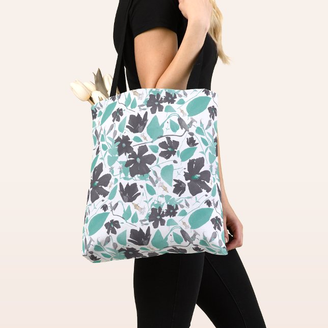 Bolsa Tote Clematis Flowers Teal Botanical Floral (Clematis Vine Floral Gray Teal Watercolor Tote Bag from Studio Posies.)