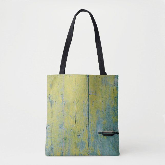 Bolsa Tote Closeup photo of yellow and teal wooden board (Frente)