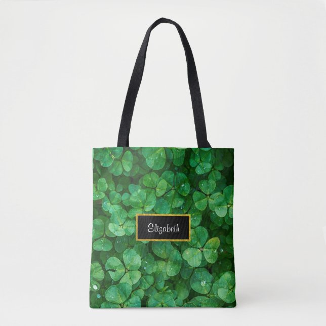 Bolsa Tote Clovers Verdes com Quadro de Folha Ouro FAUX (Frente)