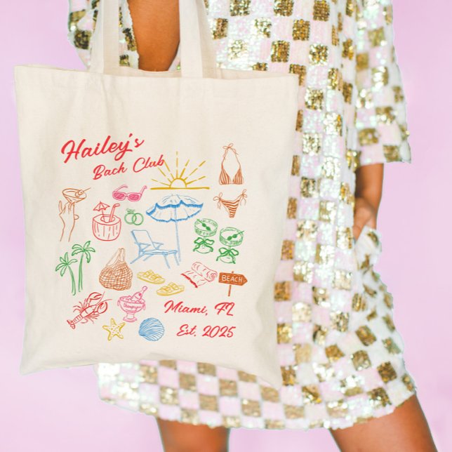 Bolsa Tote Clube de Praia Personalizado para Despedida de Sol (personalized bachelorette tote bag, custom bachelorette tote bag, bridal shower custom, custom bache)