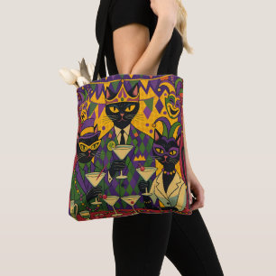 Bolsa Tote Clube Martini Gato Preto Mardi Gras Futurista Retr