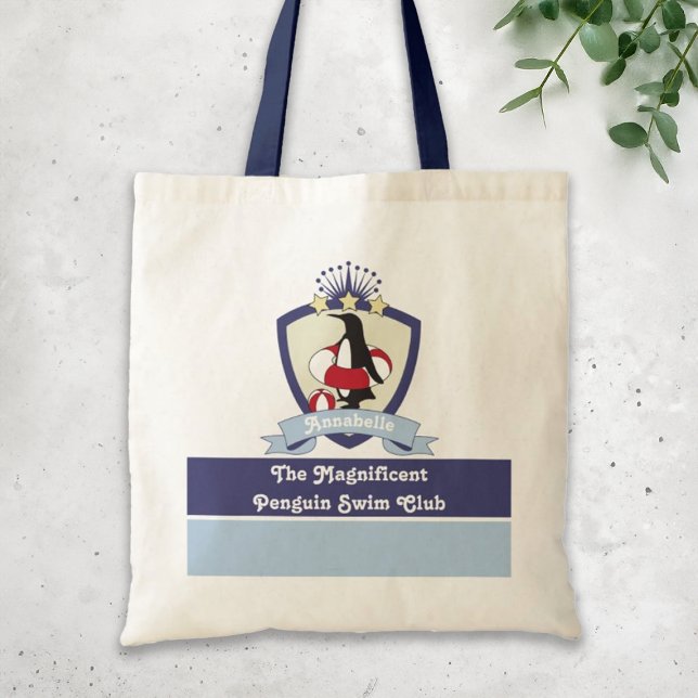 Bolsa Tote Clube Personalizado de Nadação Crest Cute Penguin  (Criador carregado)