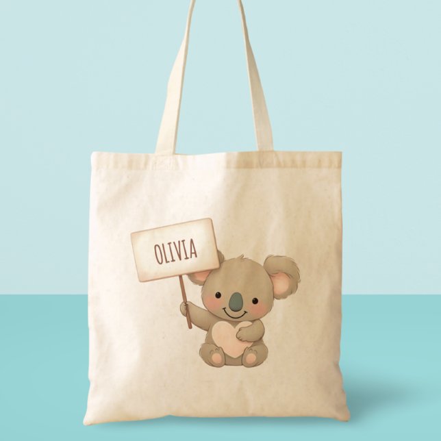 Bolsa Tote Coala Fofo Segurando uma Placa de Nome (Criador carregado)