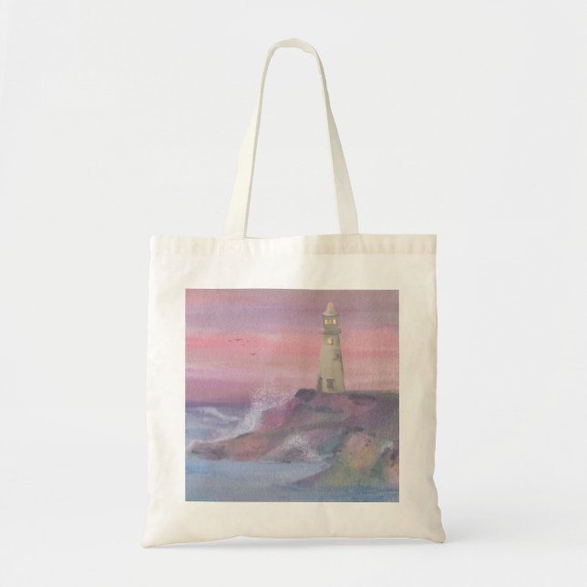 Bolsa Tote Coastal Bluff Lighthouse With Pink Sky (Frente)
