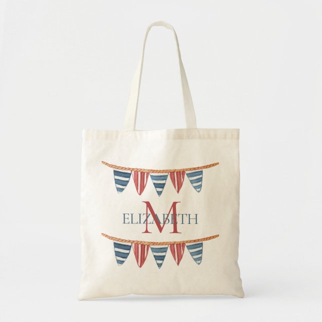 Bolsa Tote Coastal Nautical Beach Flags Monogram (Frente)