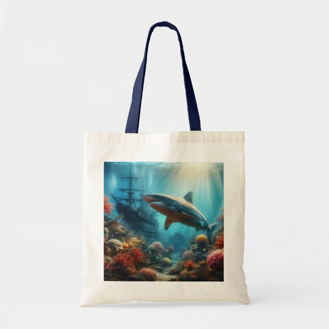 Bolsa Tote Coastal/nautical tiger shark & coral reef (Frente)