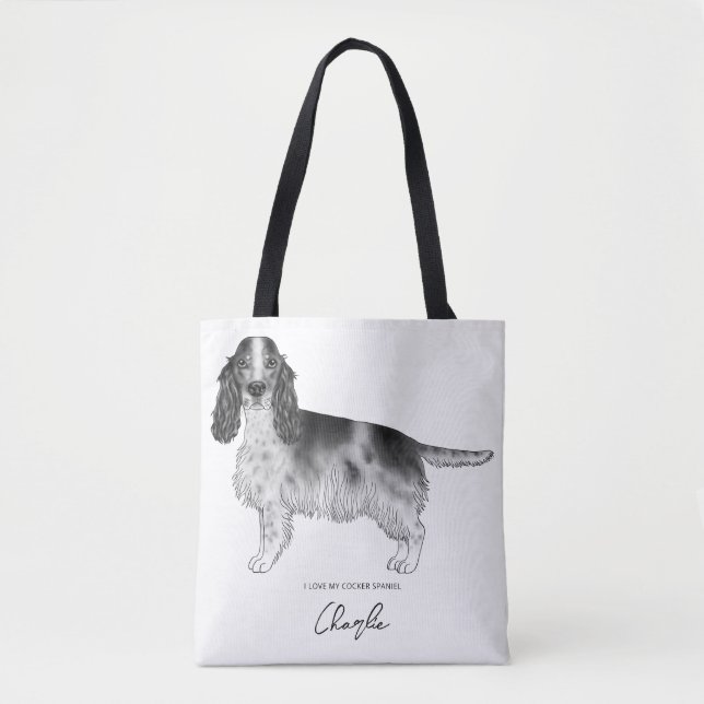 Bolsa Tote Cocker Spaniel em Preto e Branco & Texto Personali (Frente)