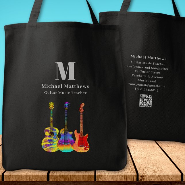 Bolsa Tote Código QR Personalizado do Tutor de Música de Viol (Guitar teacher music business website QR code custom monogram tote bag)