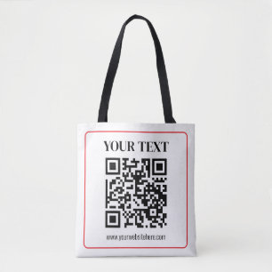 Bolsa Tote Código QR simples preto e branco com borda vermelh