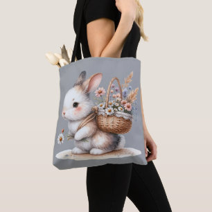 Bolsa Tote Coelhinho Bonito com Flores de Arte Aquecida