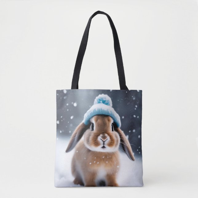 Bolsa Tote Coelhinho bonito num Bobble Hat PRÓPRIO Natal ART (Frente)