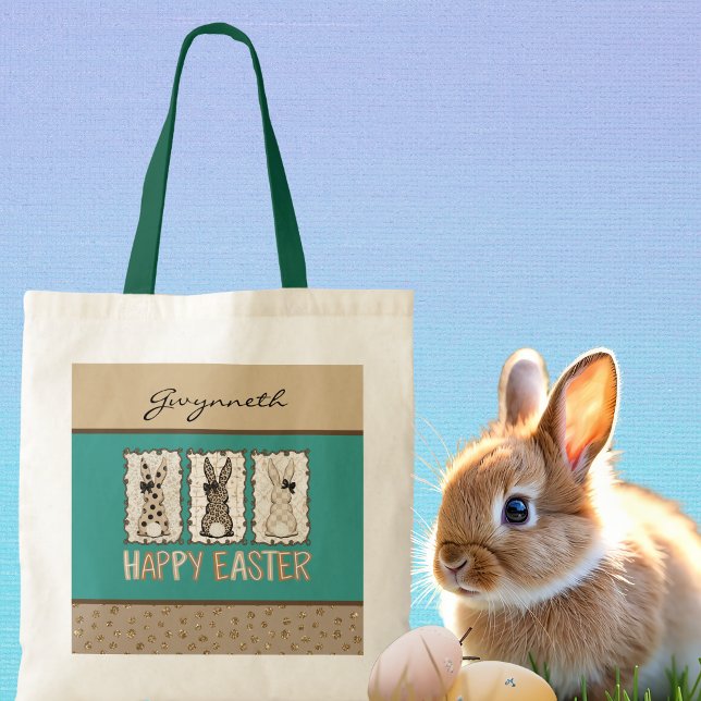 Bolsa Tote Coelhinho da Páscoa Fofo e Laços Marrons com Estam (Criador carregado)