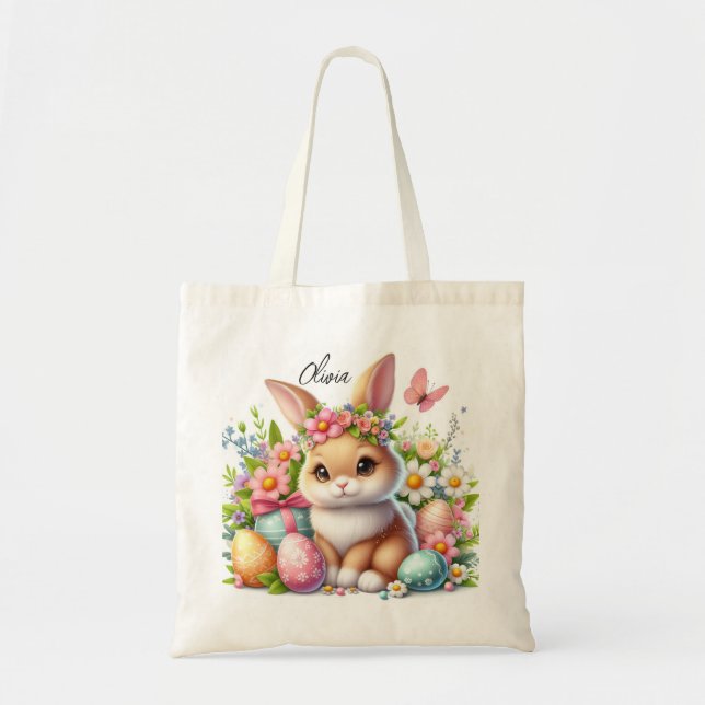 Bolsa Tote Coelhinho de Páscoa bonito com Ovos e Flores (Frente)