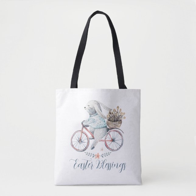 Bolsa Tote Coelhinho de Páscoa bonito em uma bicicleta (Frente)