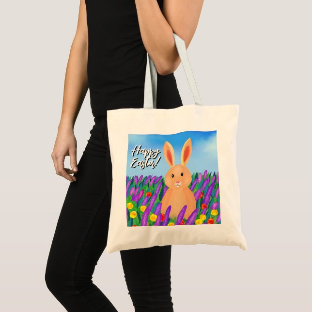 Bolsa Tote Coelhinho de Páscoa bonito nas flores (Frente (produto))